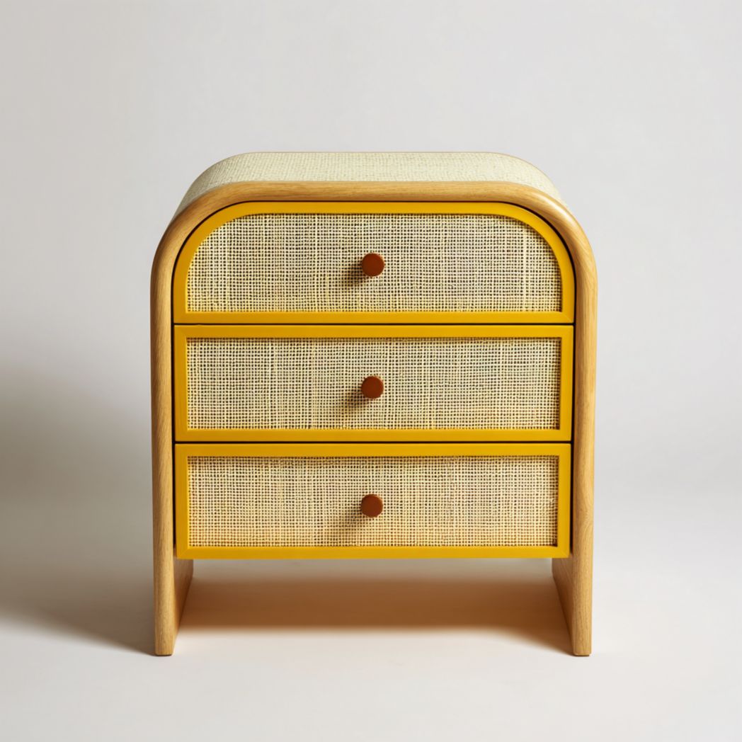 Commode 3 tiroirs bois et cannage, structure arrondie, encadrement jaune