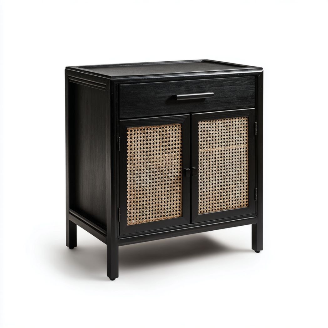 Armoire de salle de bain noire avec 1 tiroir et 2 portes en cannage