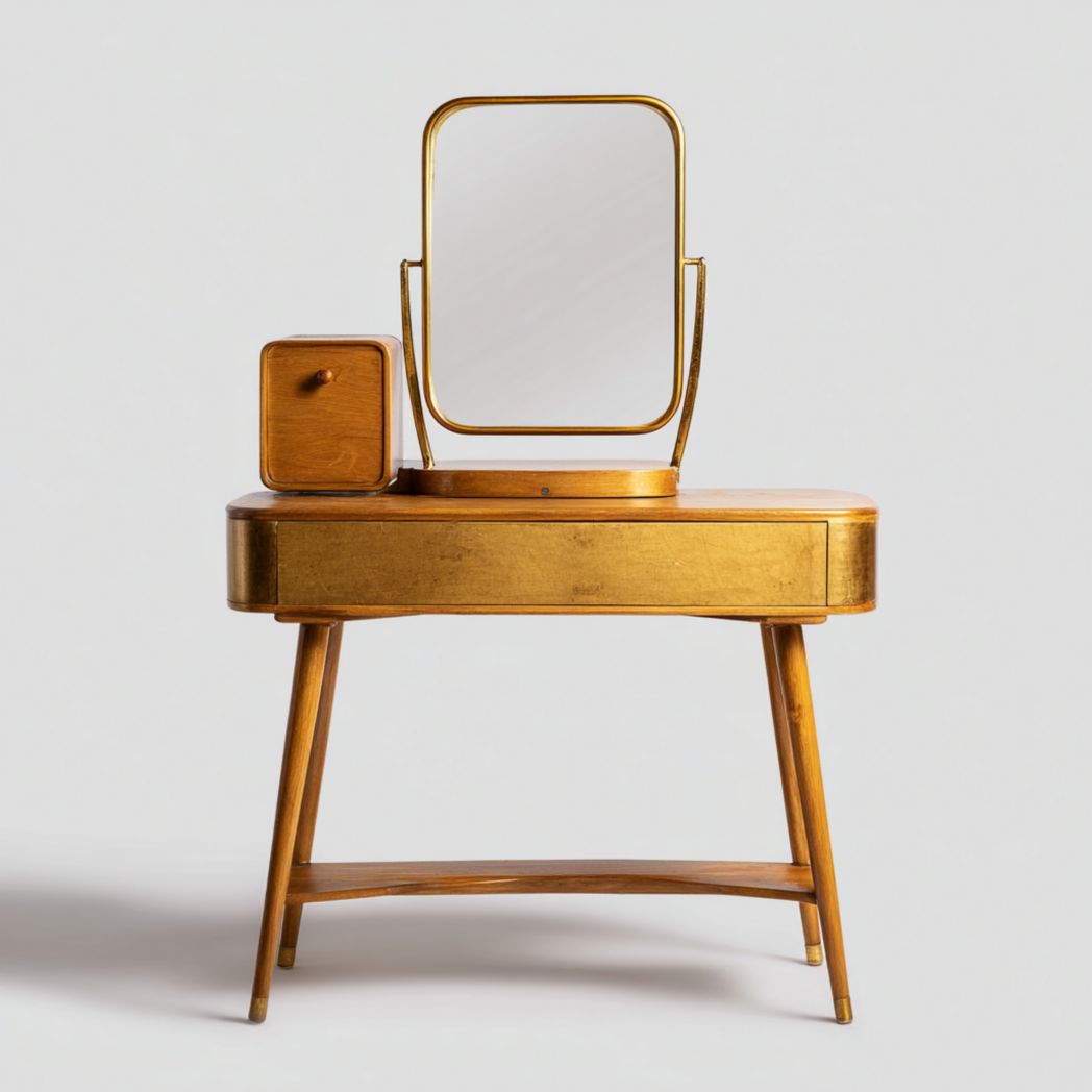 Coiffeuse en bois avec miroir rectangulaire, un tiroir et un petit compartiment fermé