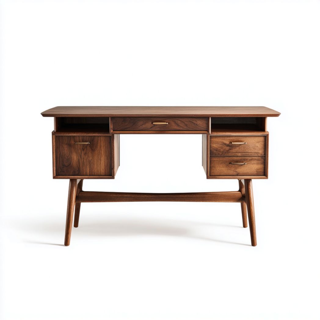 Bureau en bois foncé avec tiroir central, porte latérale et compartiments ouverts