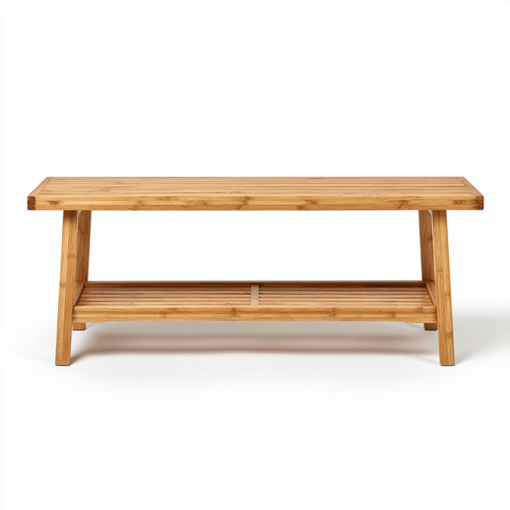 Banc d'entrée en bambou avec tablette de rangement ouverte