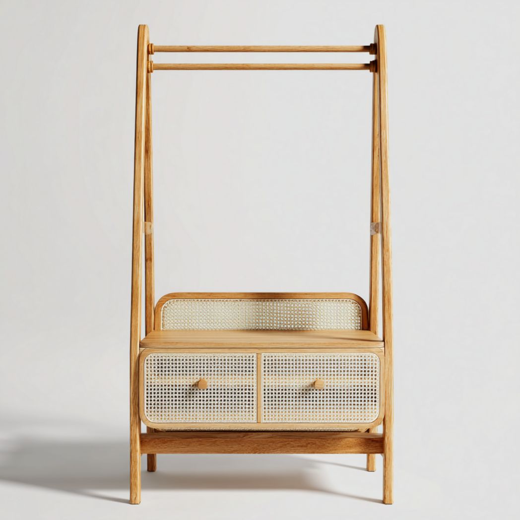 Portemanteau en bois avec barre supérieure et deux tiroirs en rotin