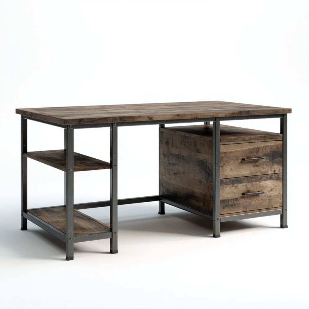 Bureau en bois foncé avec deux tiroirs et étagères ouvertes, structure métallique noire
