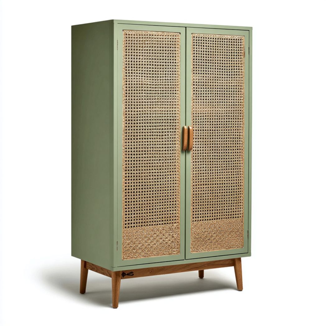 Armoire en bois vert avec 2 portes en cannage, sans tiroir