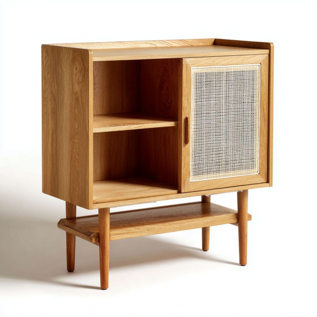 Meuble à chaussures en bois brun clair avec portes tressées et étagères ouvertes