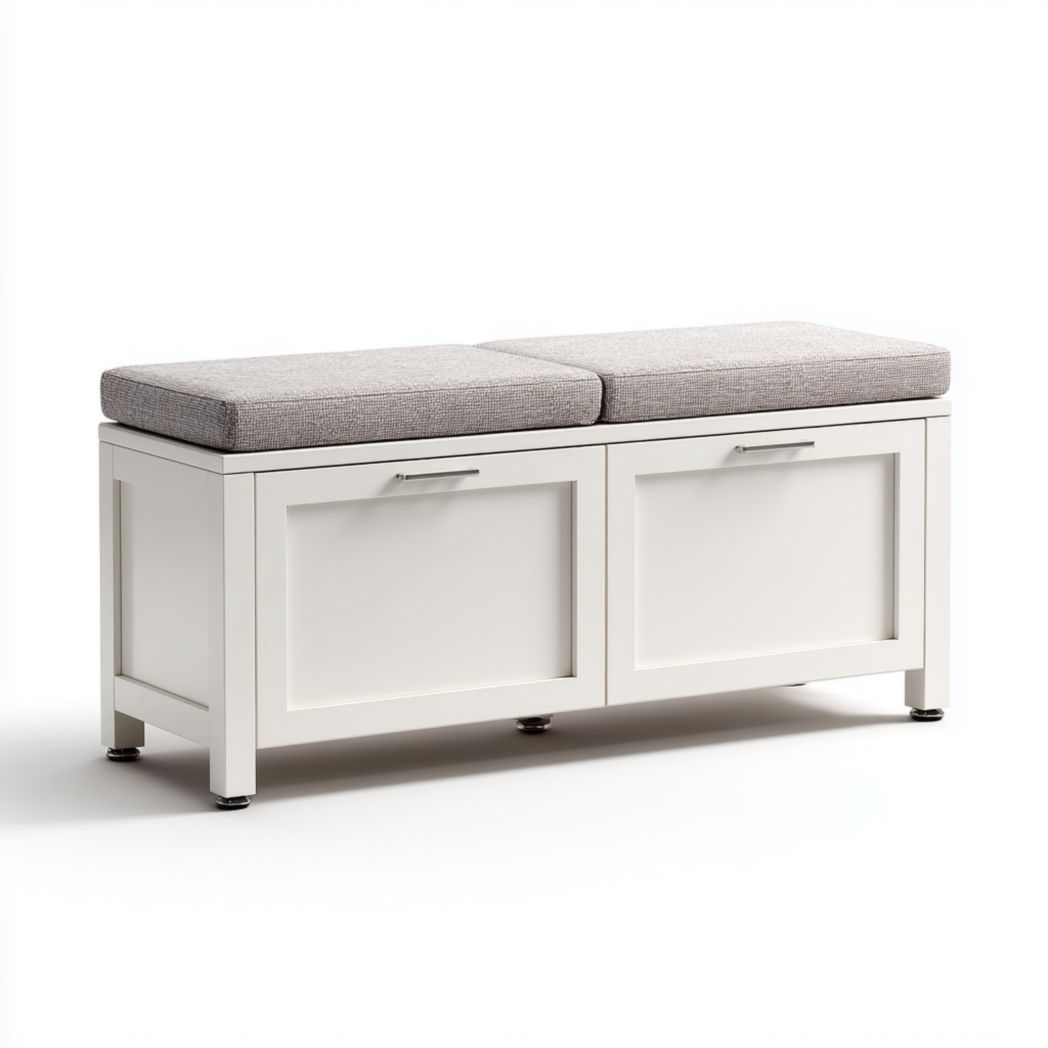 Banc d'entrée bois blanc avec deux coussins gris et deux compartiments fermés