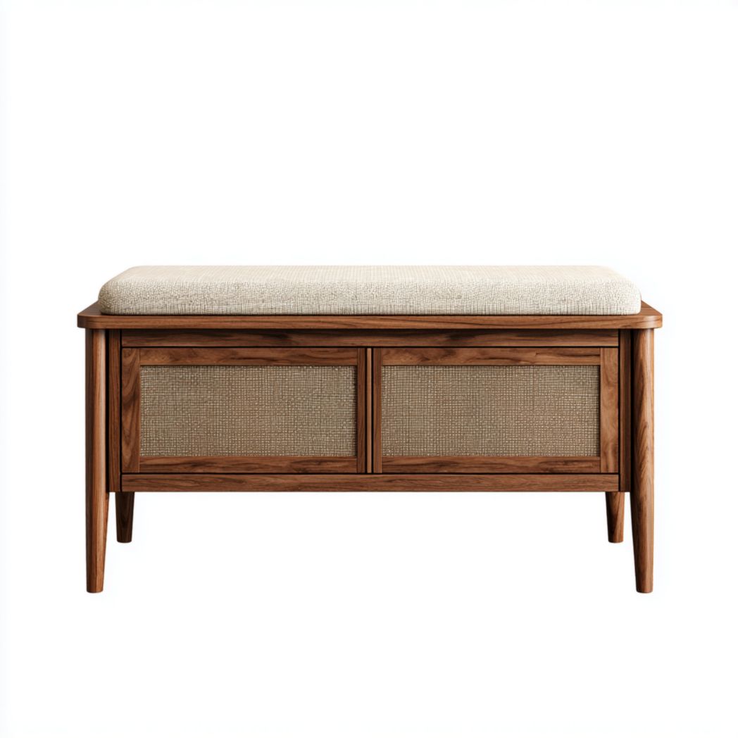 Banc d’entrée bois brun avec coussin beige et deux portes