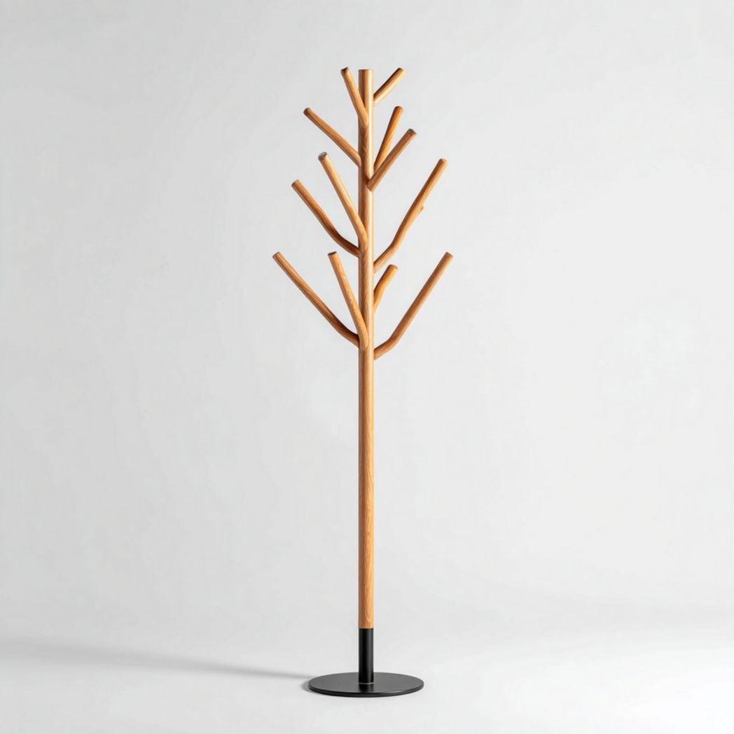 Portemanteau en bois naturel avec branches multiples et base ronde noire