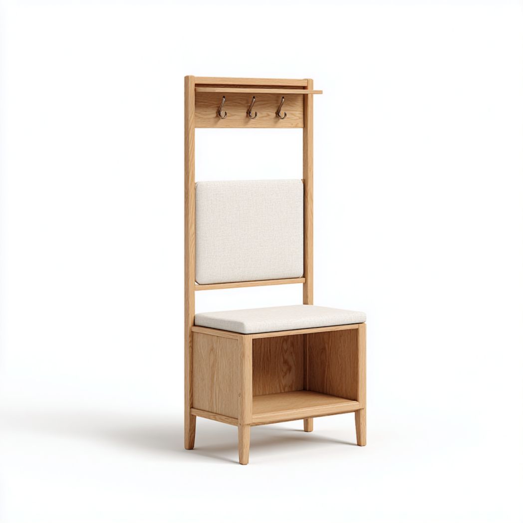 Portemanteau en bois avec 3 crochets métalliques, dossier et assise rembourrés, compartiment ouvert inférieur