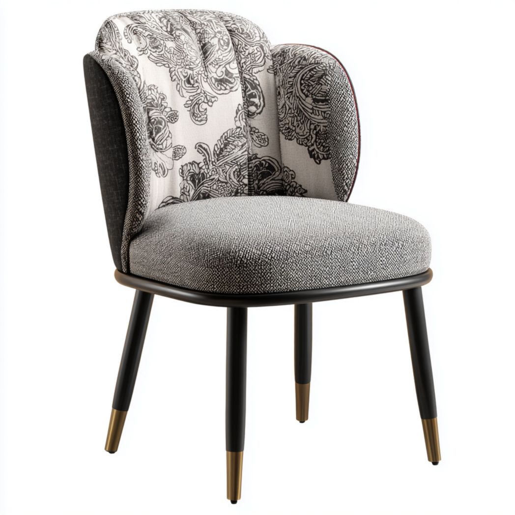 Chaise en tissu noir et blanc avec dossier décoratif et pieds métalliques