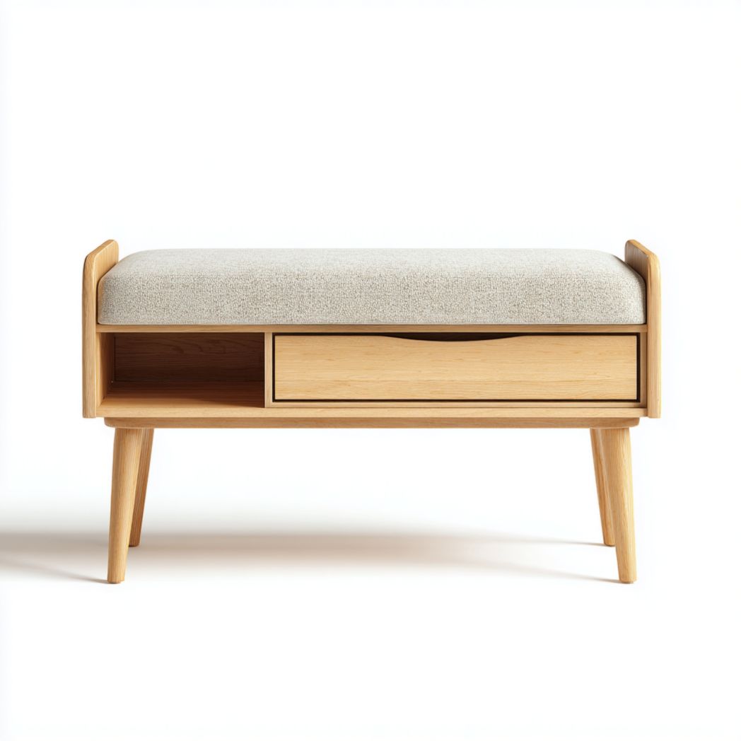 Banc d'entrée bois clair avec assise coussin, 1 tiroir et 1 niche ouverte