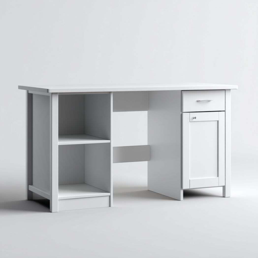 Bureau rectangulaire blanc avec un tiroir, une porte et deux niches ouvertes
