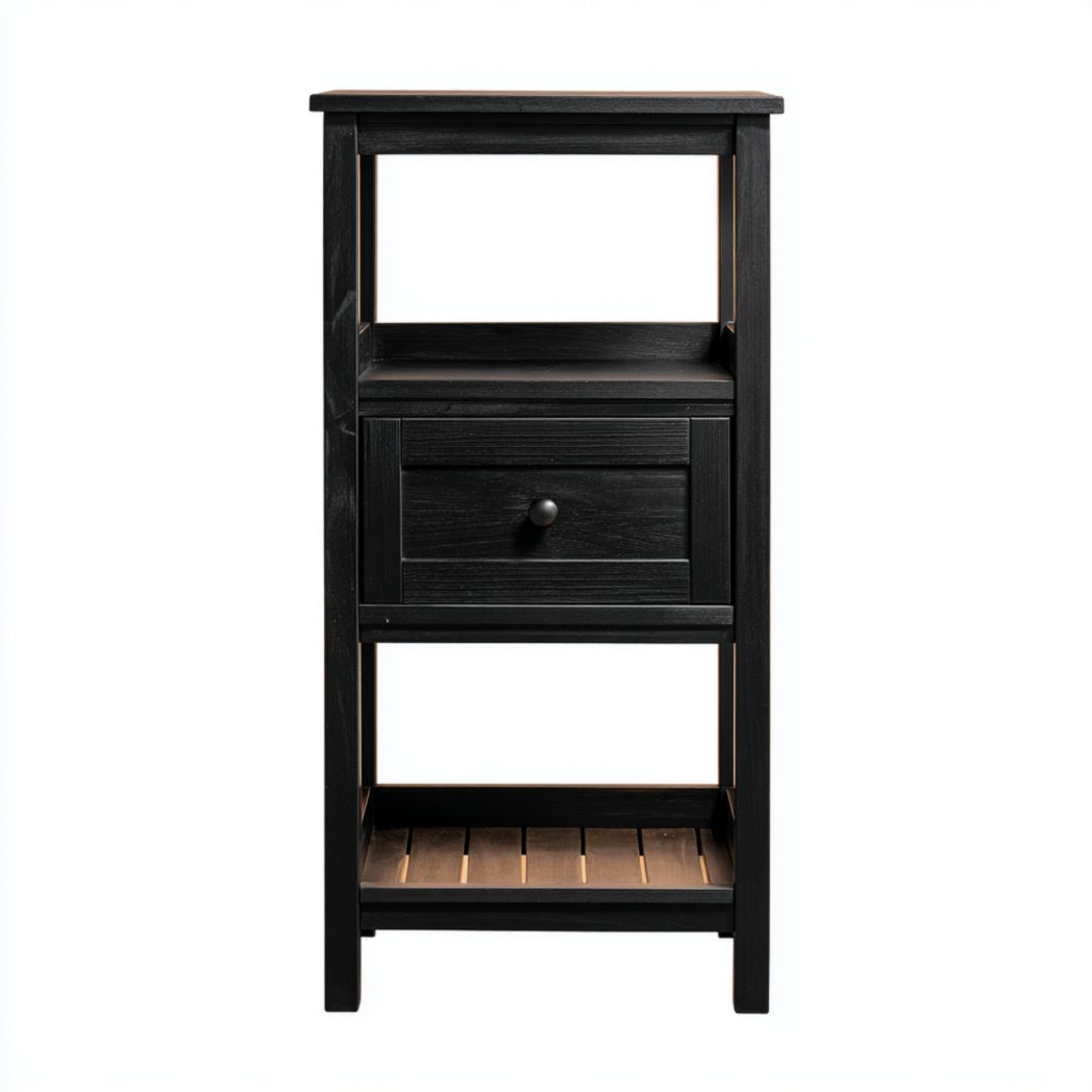 Étagère de salle de bain en bois noir avec tiroirs et espace de rangement ouvert