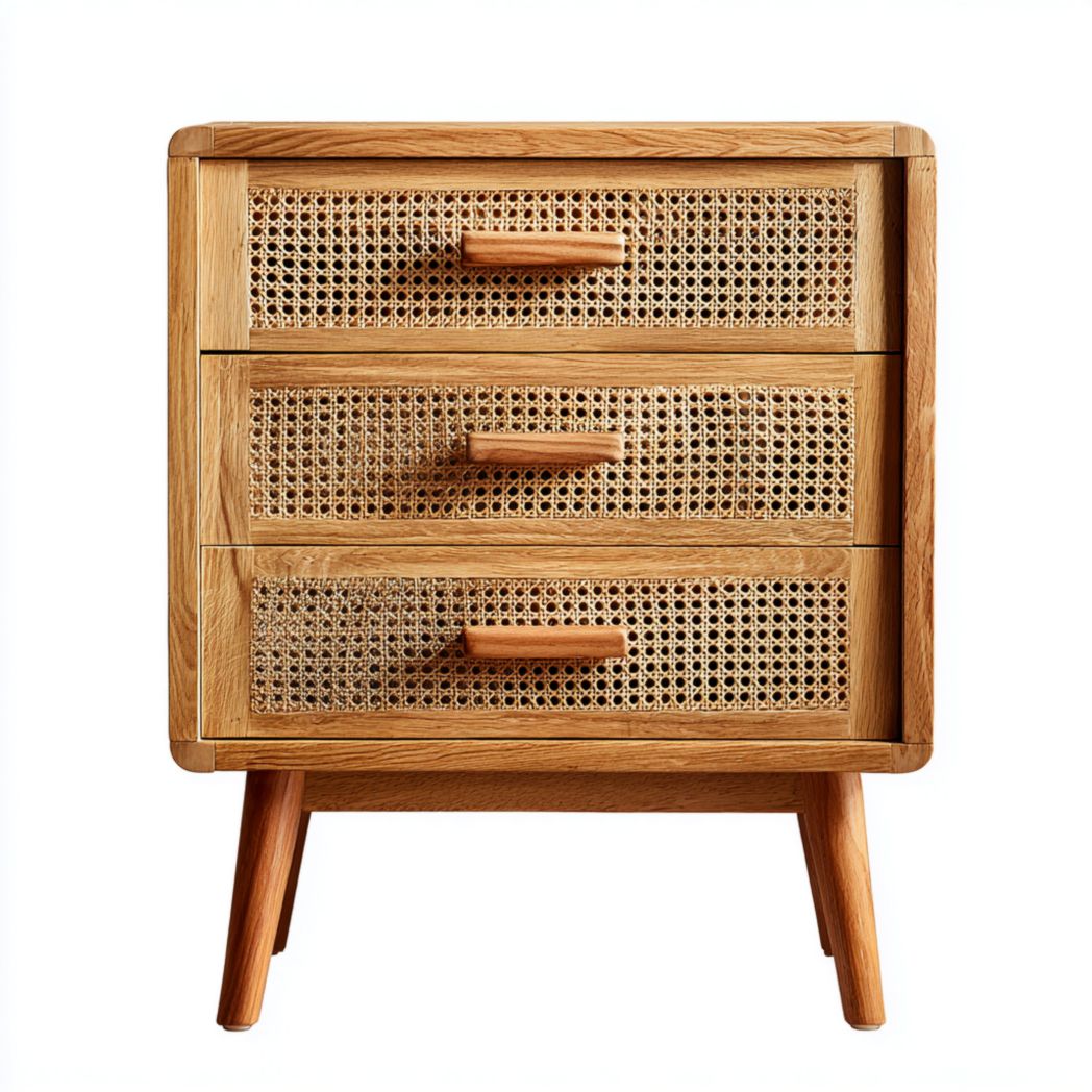 Commode 3 tiroirs bois naturel, façades en cannage, pieds inclinés