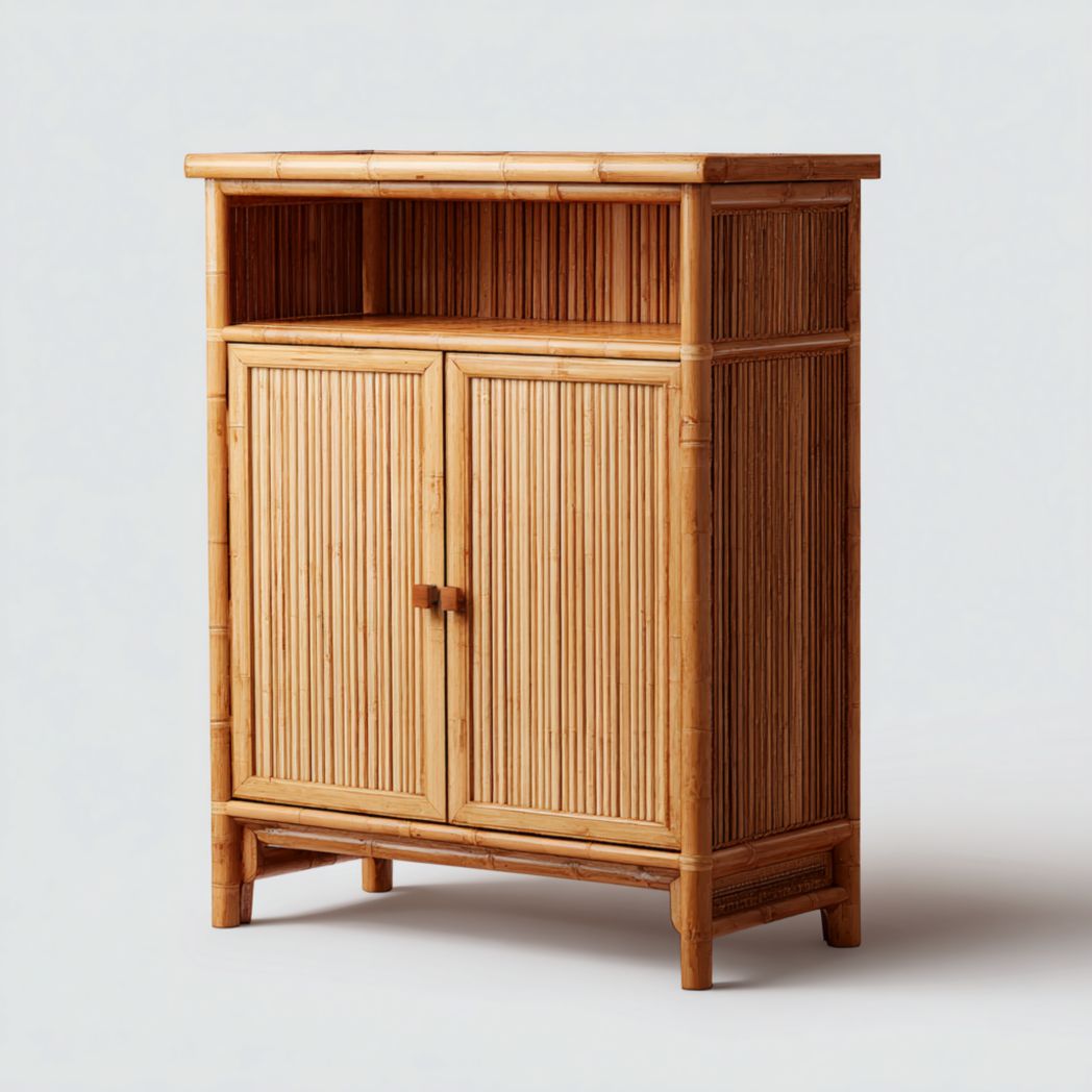 Étagère de salle de bain en bambou naturel avec compartiment ouvert et portes