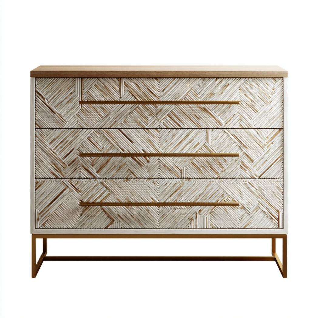 Commode 3 tiroirs bois clair, façades à motifs géométriques, base métallique