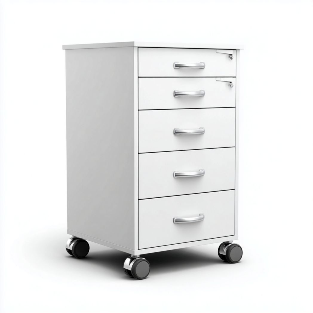 Caisson de bureau blanc à cinq tiroirs avec serrure et roulettes