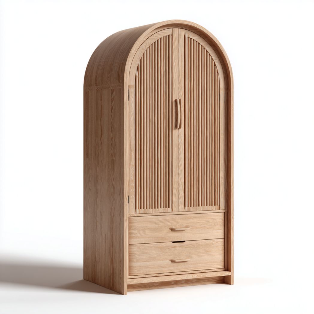 Armoire en bois naturel avec 2 portes arquées et 2 tiroirs