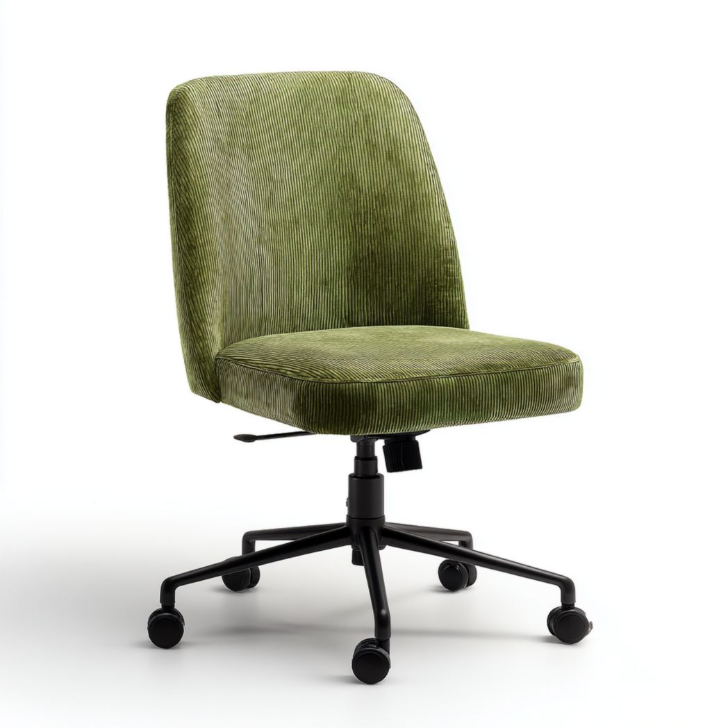 Chaise de bureau en velours côtelé vert avec piètement métallique noir pivotant à cinq roulettes