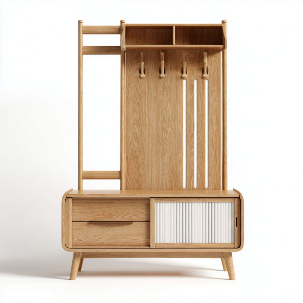 Portemanteau en bois avec tiroir et armoire coulissante, crochets et casiers