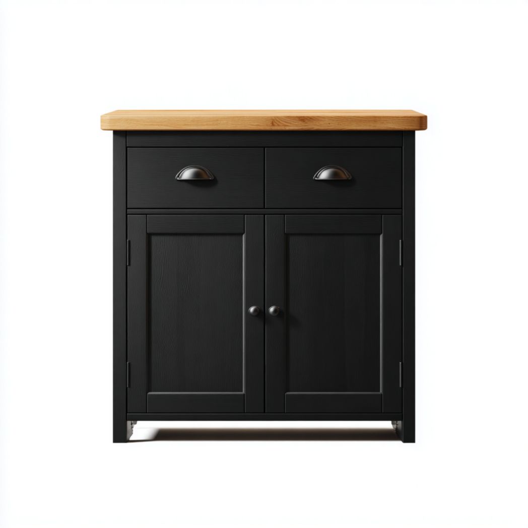 Meuble à chaussures noir avec deux tiroirs, deux portes et plateau bois