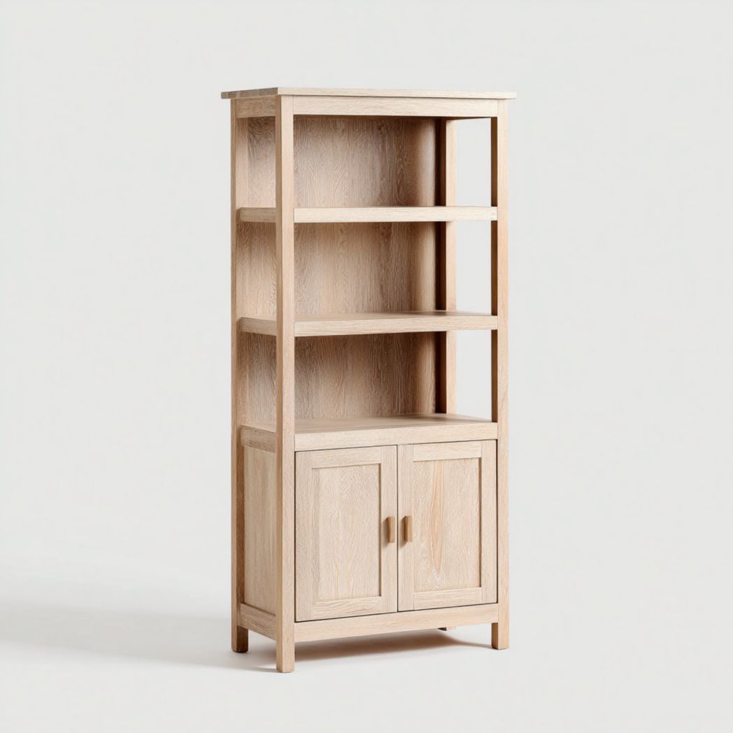 Meuble salle de bain bois clair, 3 étagères et armoire à 2 portes