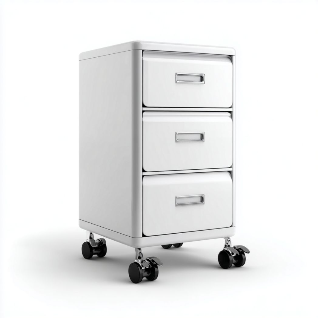 Caisson de bureau blanc à trois tiroirs avec poignées métalliques et roulettes