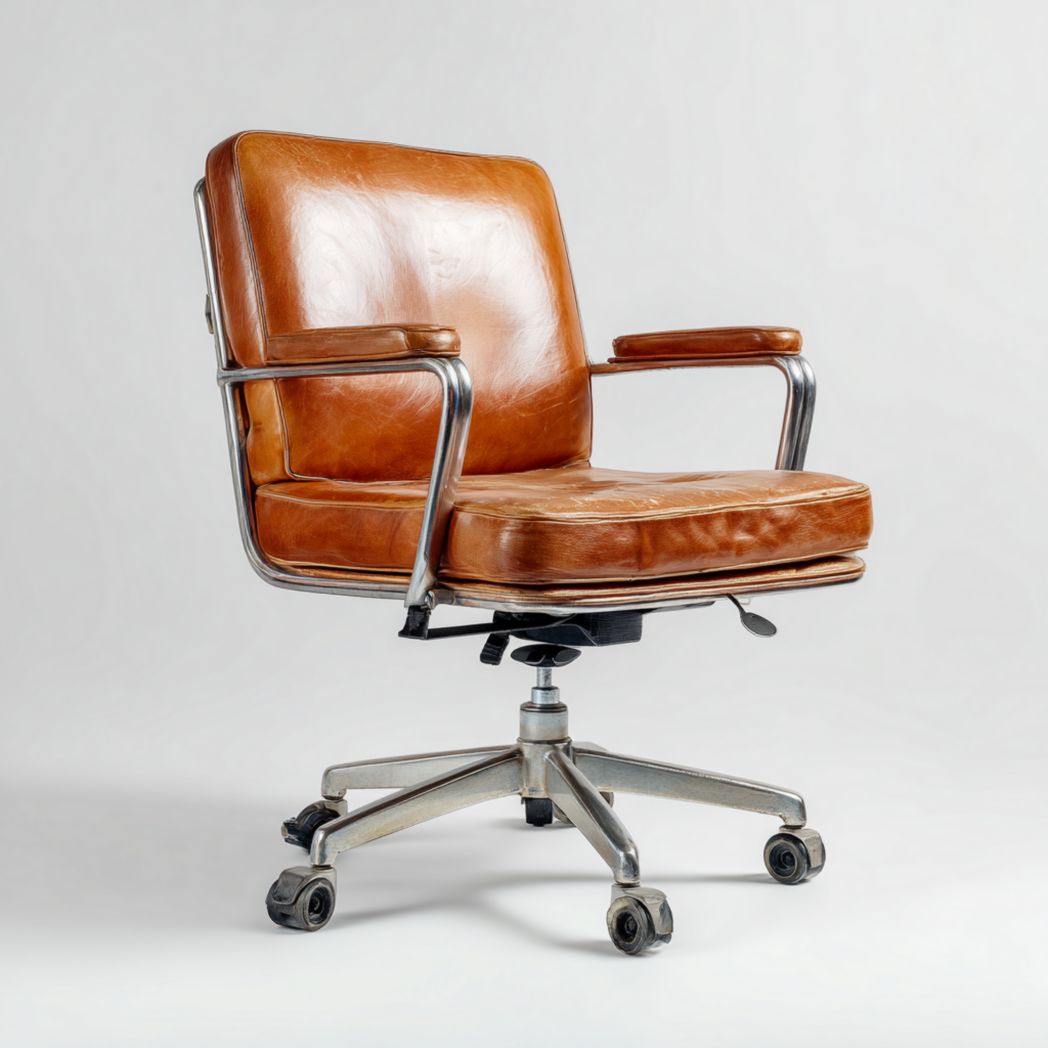 Fauteuil de bureau à dossier carré, assise en cuir brun et base pivotante en métal