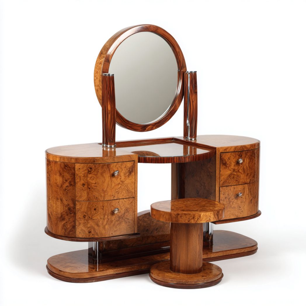 Coiffeuse en bois avec miroir rond, deux modules latéraux à quatre tiroirs et tabouret assorti