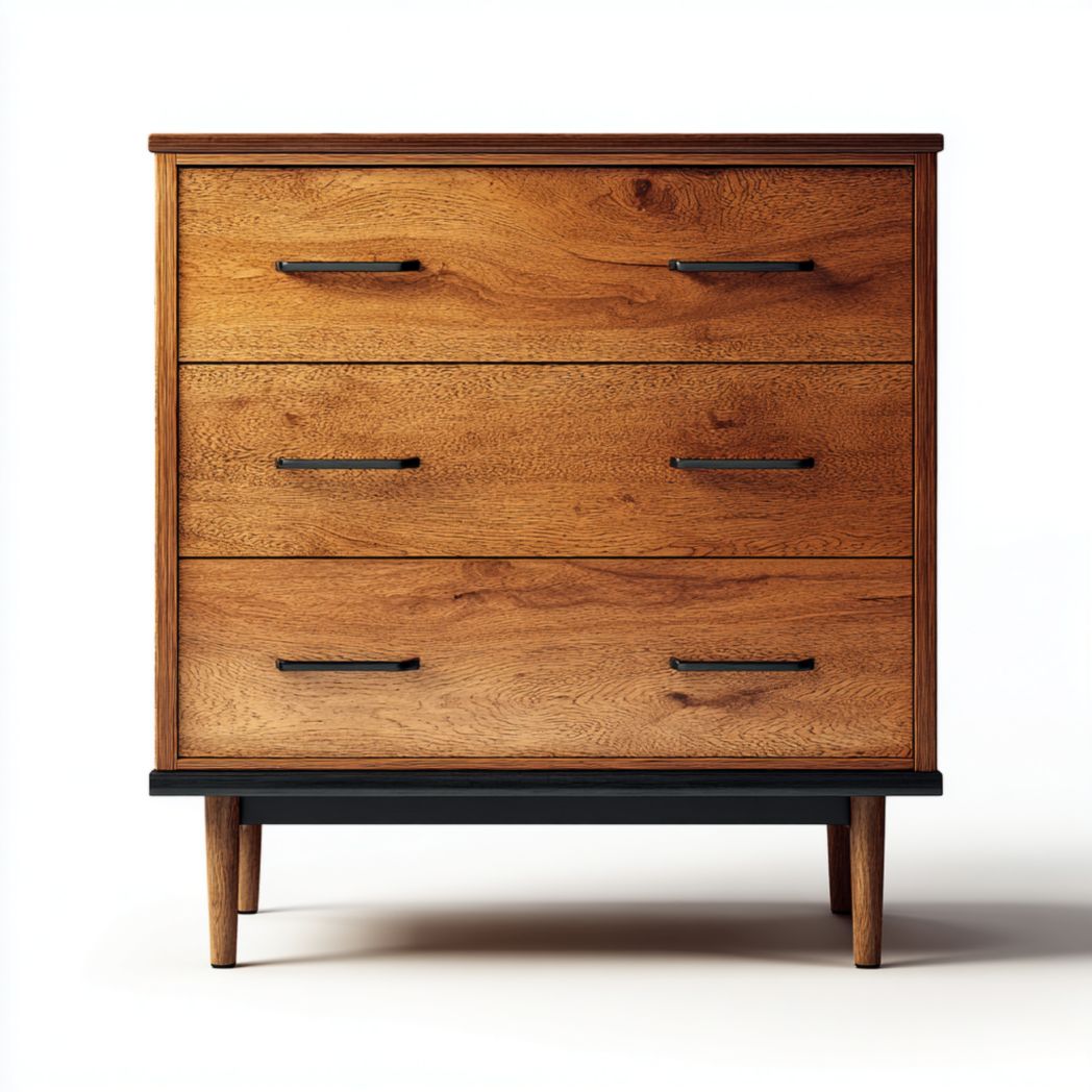 Commode en bois à trois tiroirs avec poignées métalliques noires et pieds cylindriques
