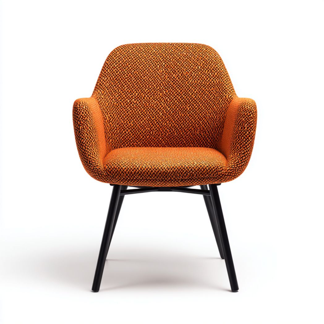 Fauteuil de bureau à dossier courbé, assise en tissu orange et pieds métalliques noirs