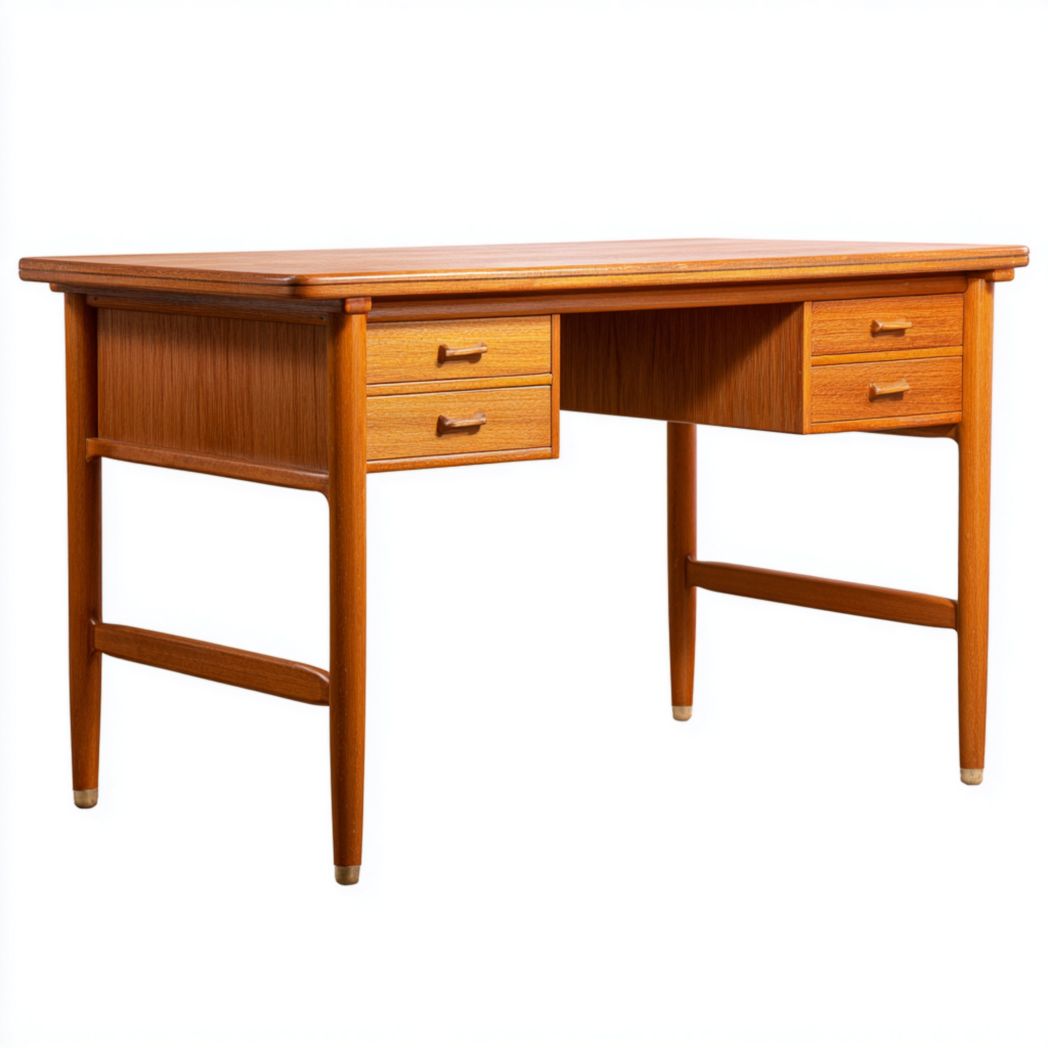 Bureau en bois massif brun, design symétrique avec quatre tiroirs latéraux