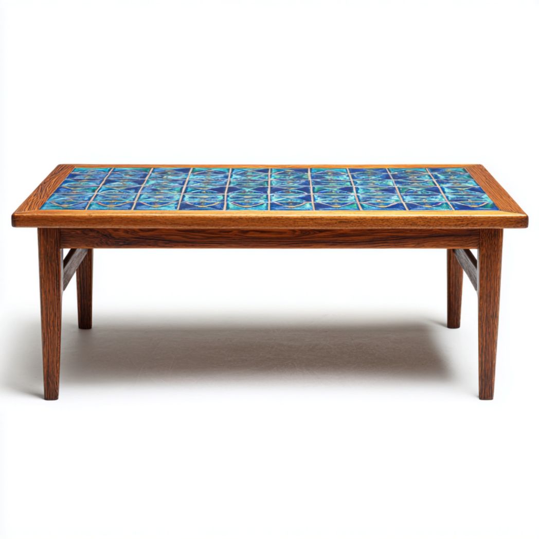 Table basse rectangulaire en bois, plateau en carreaux bleus, pieds droits