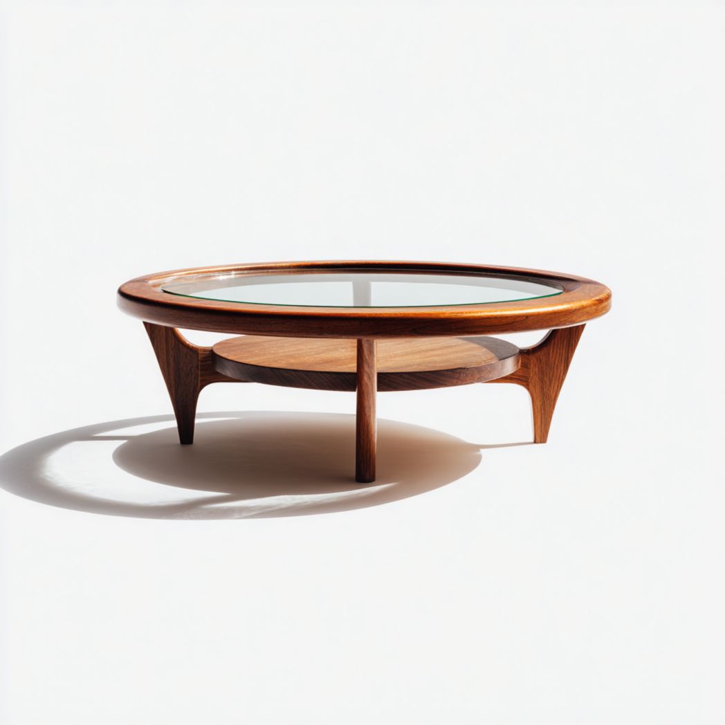 Table basse ronde en bois avec plateau en verre, teinte bois foncé