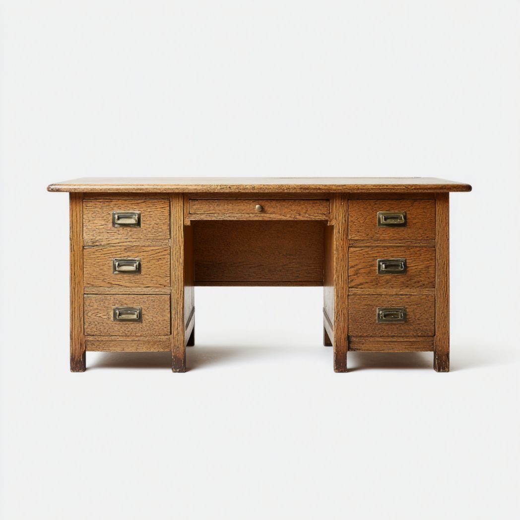 Bureau en bois massif brun foncé, design avec six tiroirs latéraux et un tiroir central