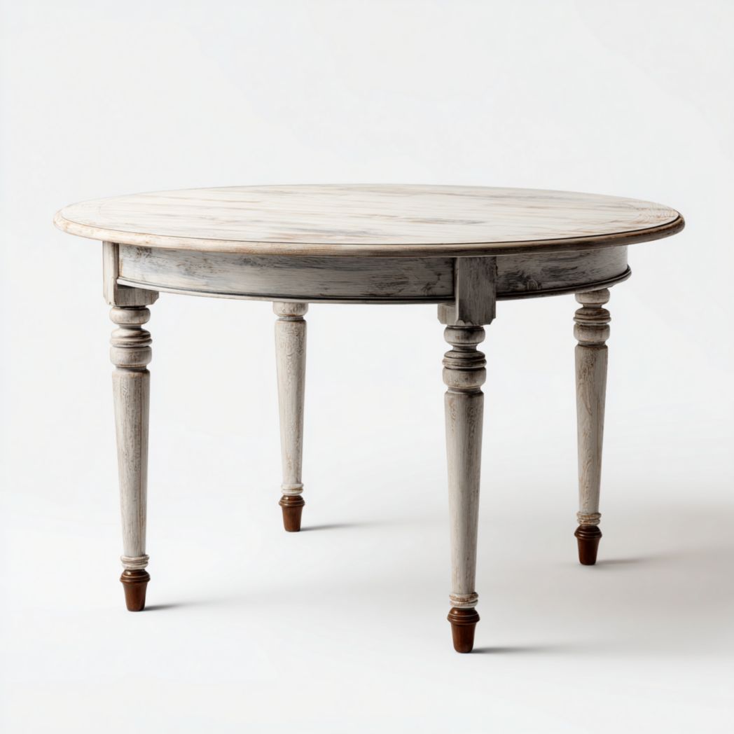 Table ronde en bois massif, finition bois clair vieilli, pieds tournés sculptés