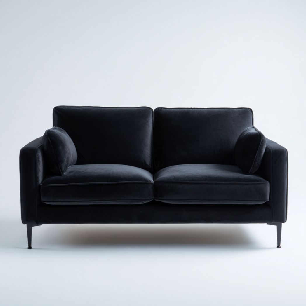 Canapé 2 places en tissu noir avec accoudoirs droits et pieds fins en métal