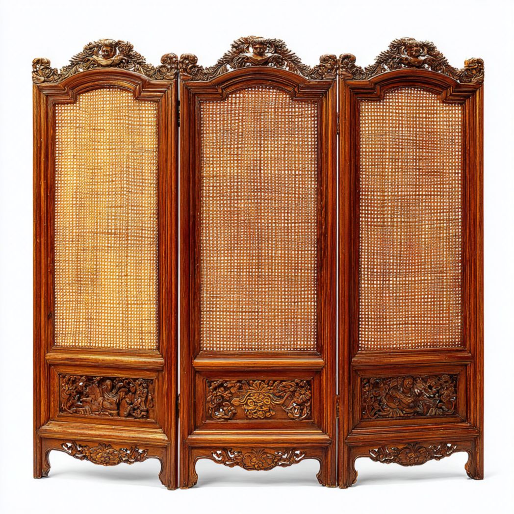 Paravent 3 panneaux bois sculpté et rotin tressé pliant