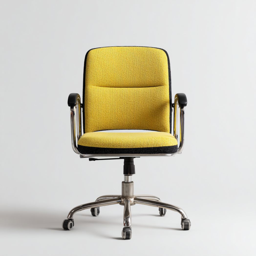 Fauteuil de bureau à dossier carré, assise en tissu jaune et base métallique à roulettes