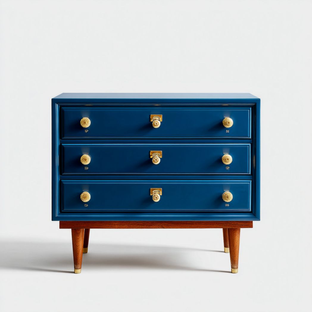 Commode en bois bleu, trois tiroirs, poignées métalliques dorées et pieds en bois