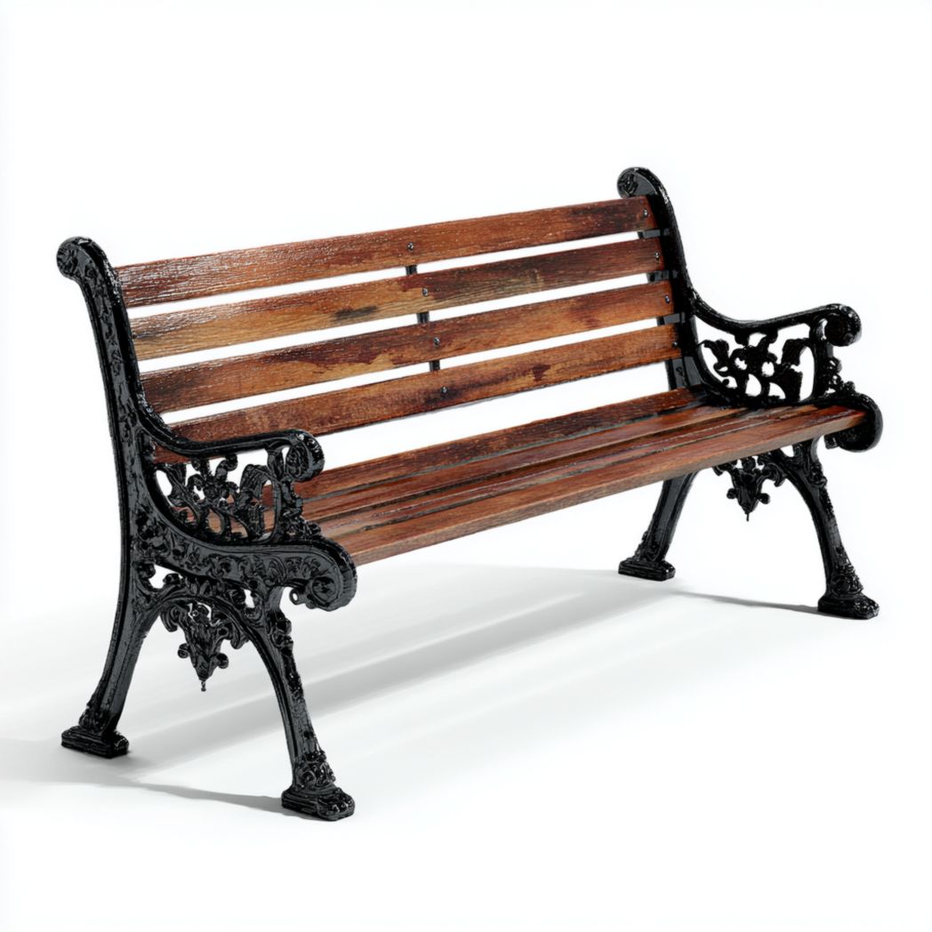 Banc de jardin en lattes de bois avec accoudoirs et côtés ajourés en métal noir