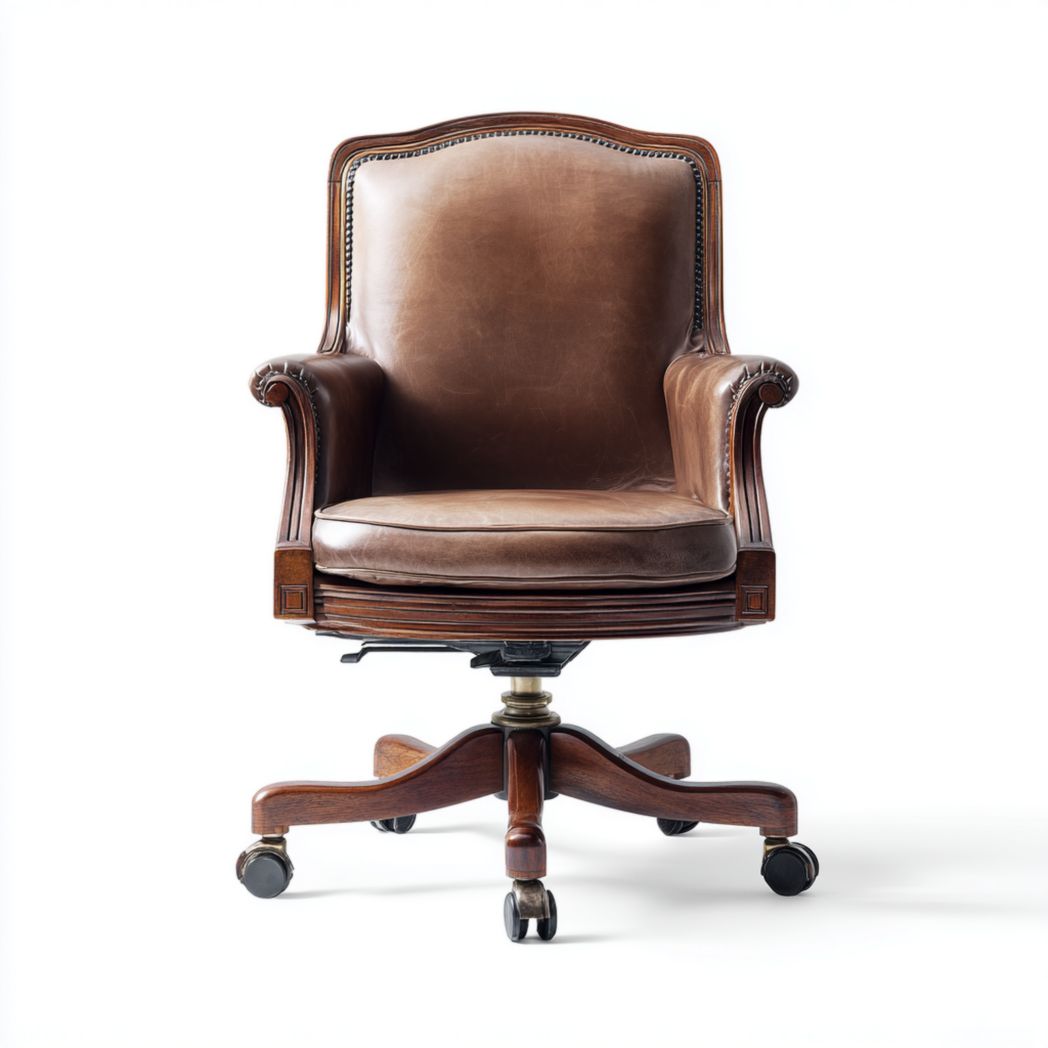 Fauteuil de bureau en cuir brun, structure en bois et base à roulettes
