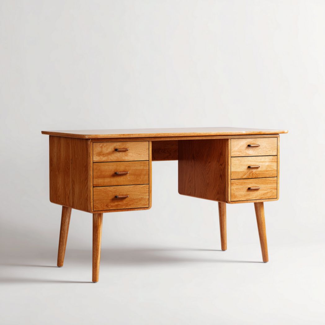 Bureau en bois massif naturel, design symétrique avec six tiroirs latéraux