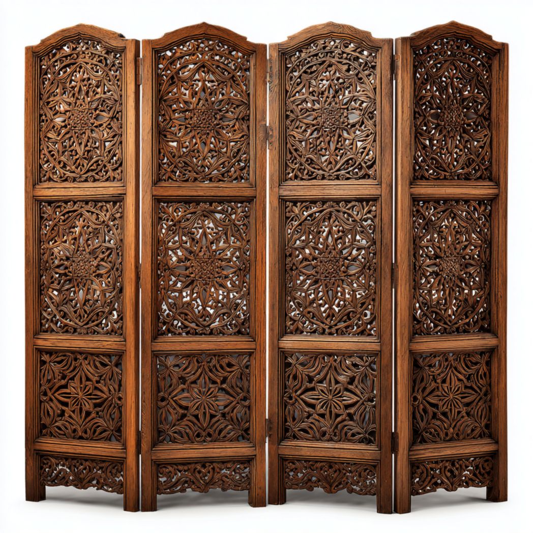 Paravent 4 panneaux bois brun foncé avec motifs ajourés sculptés