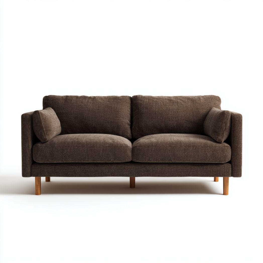 Canapé 2 places tissu brun foncé avec pieds en bois, coussins de dossier, coussins d’assise et oreillers
