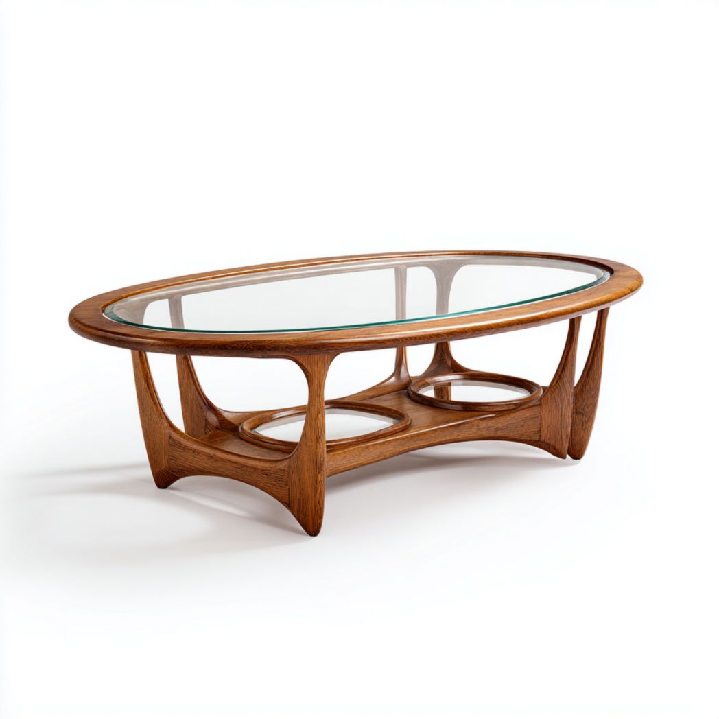 Table basse ovale en bois avec plateau en verre, teinte bois foncé