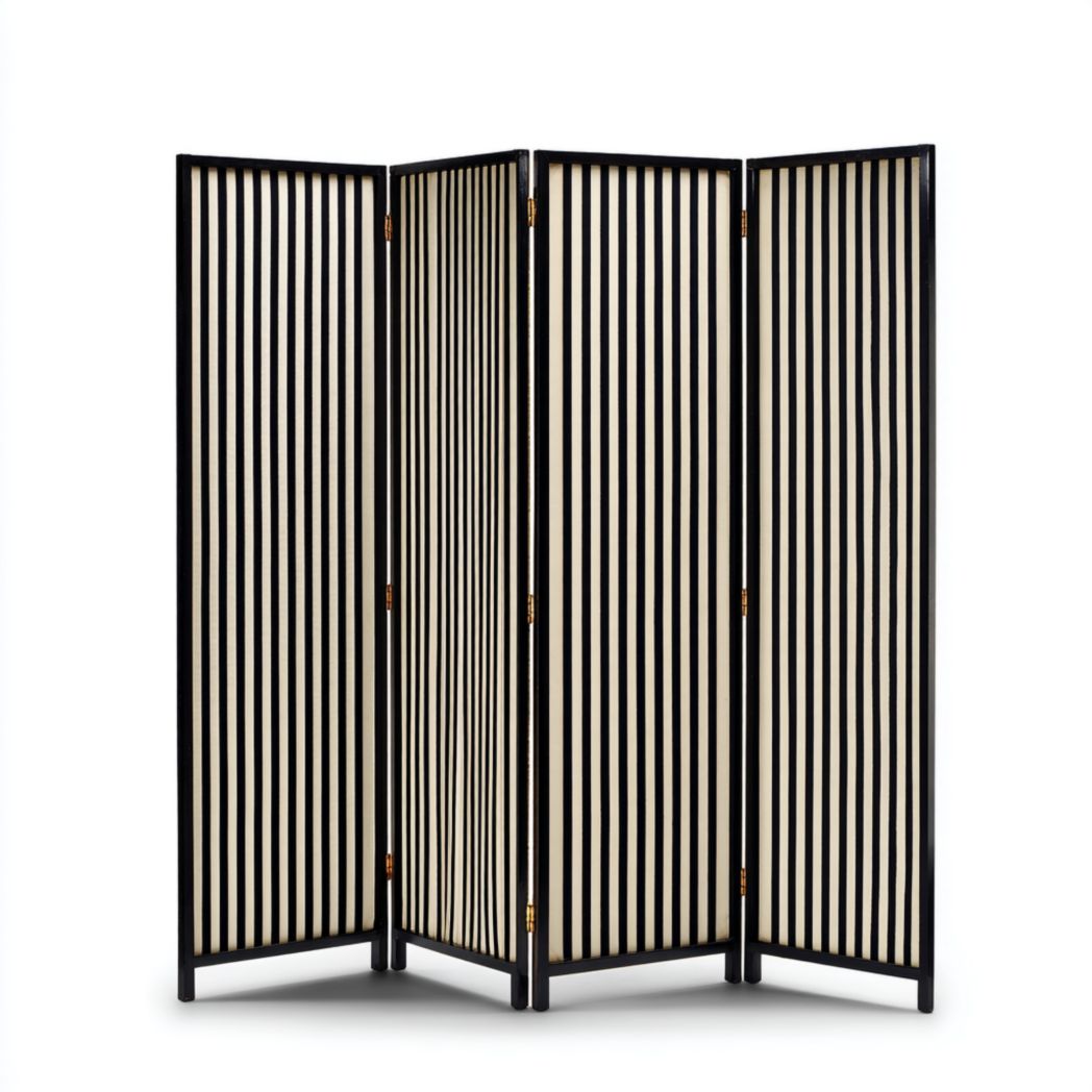 Paravent 4 panneaux bois avec tissu rayé noir et blanc