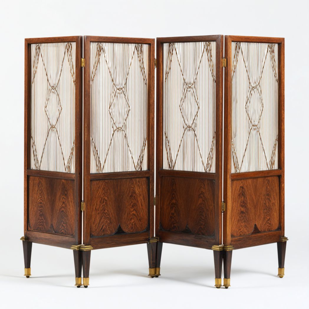 Paravent 3 panneaux bois décor fil métallique pliant