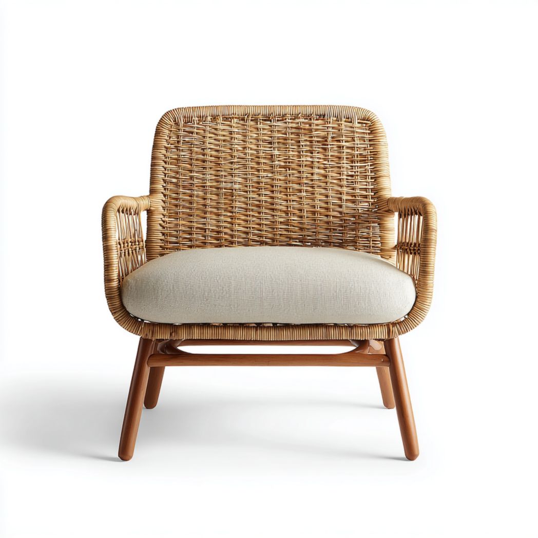 Fauteuil en rotin naturel une place dossier rectangulaire avec coussin beige