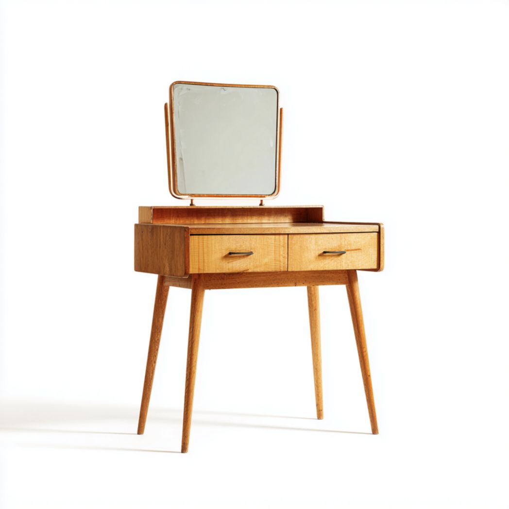 Coiffeuse en bois avec miroir carré et deux tiroirs